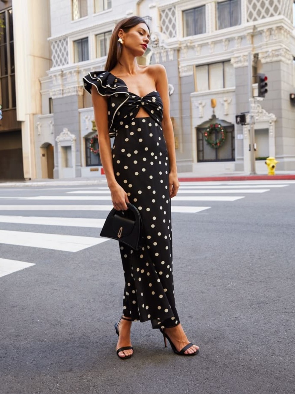 Mable one shoulder ruffle polka dot dress